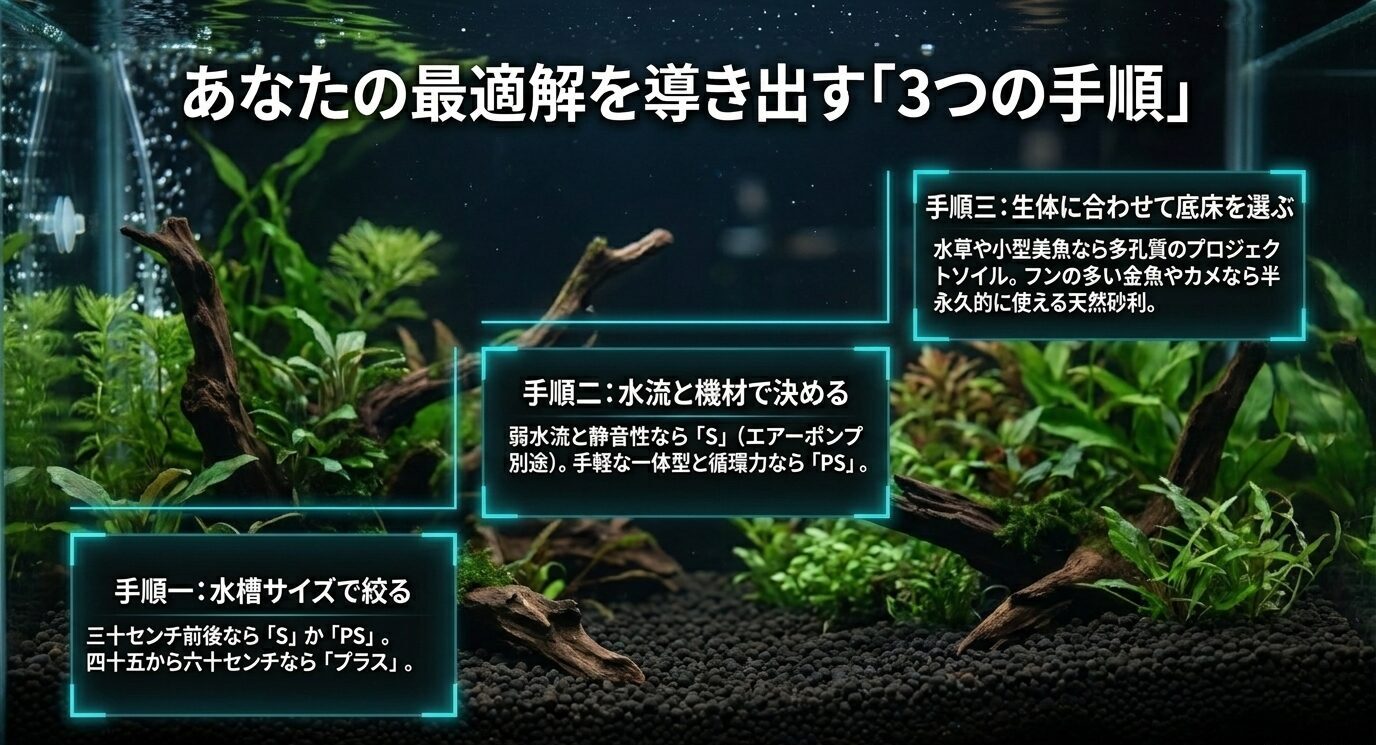 水槽サイズ、水流と機材、生体に合う底床の順にアクアシステム底面フィルターを選ぶ手順を示した画像