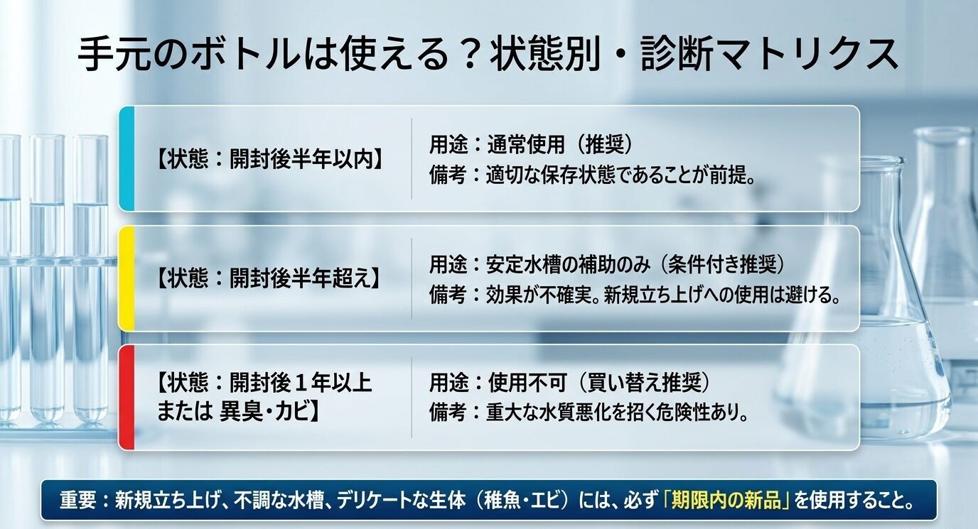 GEXサイクルを開封後半年以内、半年超え、1年以上または異臭やカビありの状態別に、通常使用・補助使用・使用不可へ分類した診断スライド