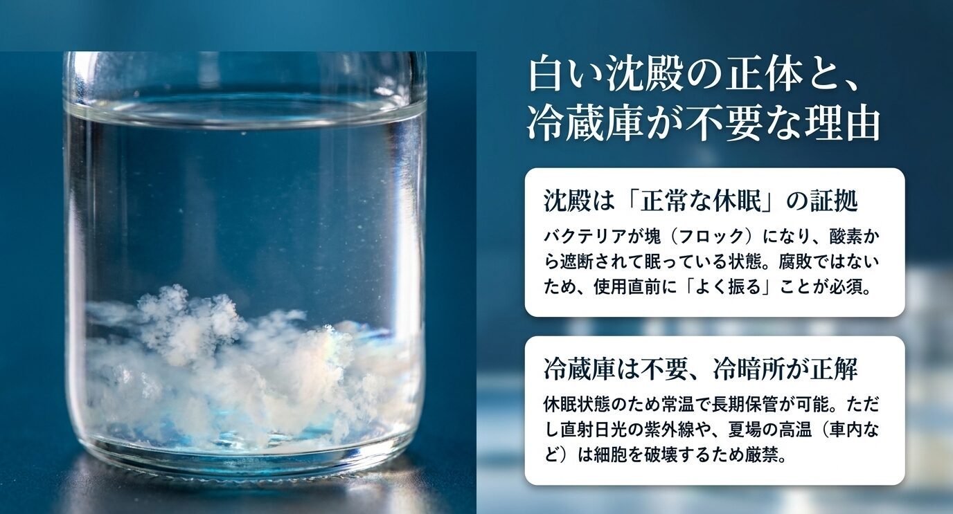 GEXサイクルの白い沈殿は正常な休眠状態の証拠であり、冷蔵庫ではなく冷暗所で保存することを説明したスライド