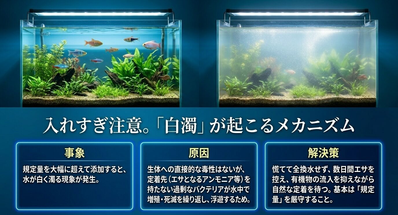 GEXサイクルを規定量より多く入れた場合に、水槽が白濁する事象、原因、解決策を整理したスライド