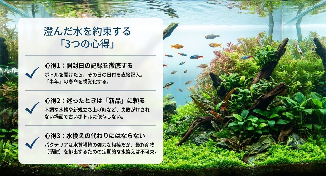 開封日を記録する、新品に頼る、水換えの代わりにしないというGEXサイクル運用の3つの心得をまとめたスライド