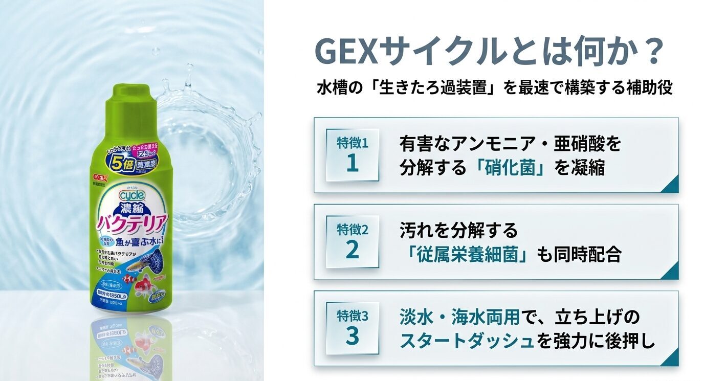GEXサイクルの特徴として硝化菌、従属栄養細菌、淡水海水両用を説明したスライド