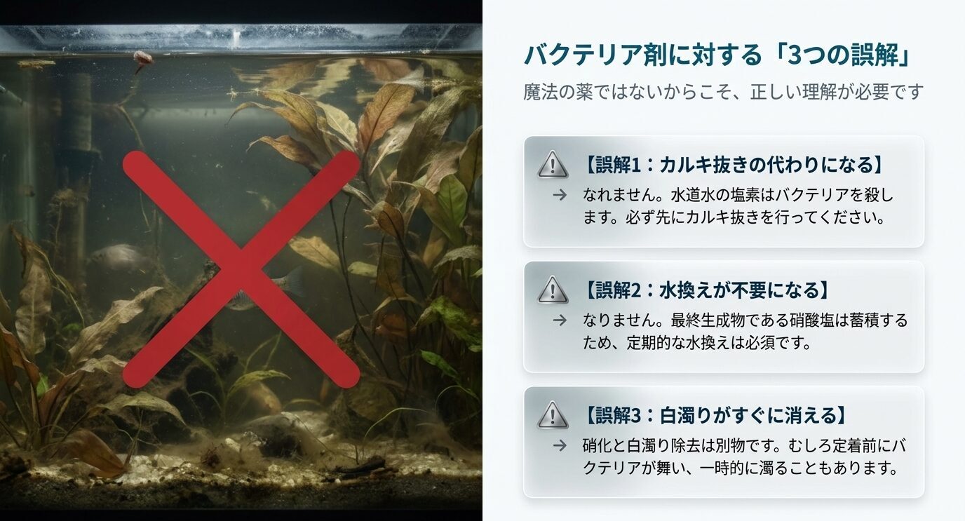 GEXサイクルはカルキ抜きや水換えの代わりにはならず白濁りを必ずすぐ消すものでもないと説明したスライド