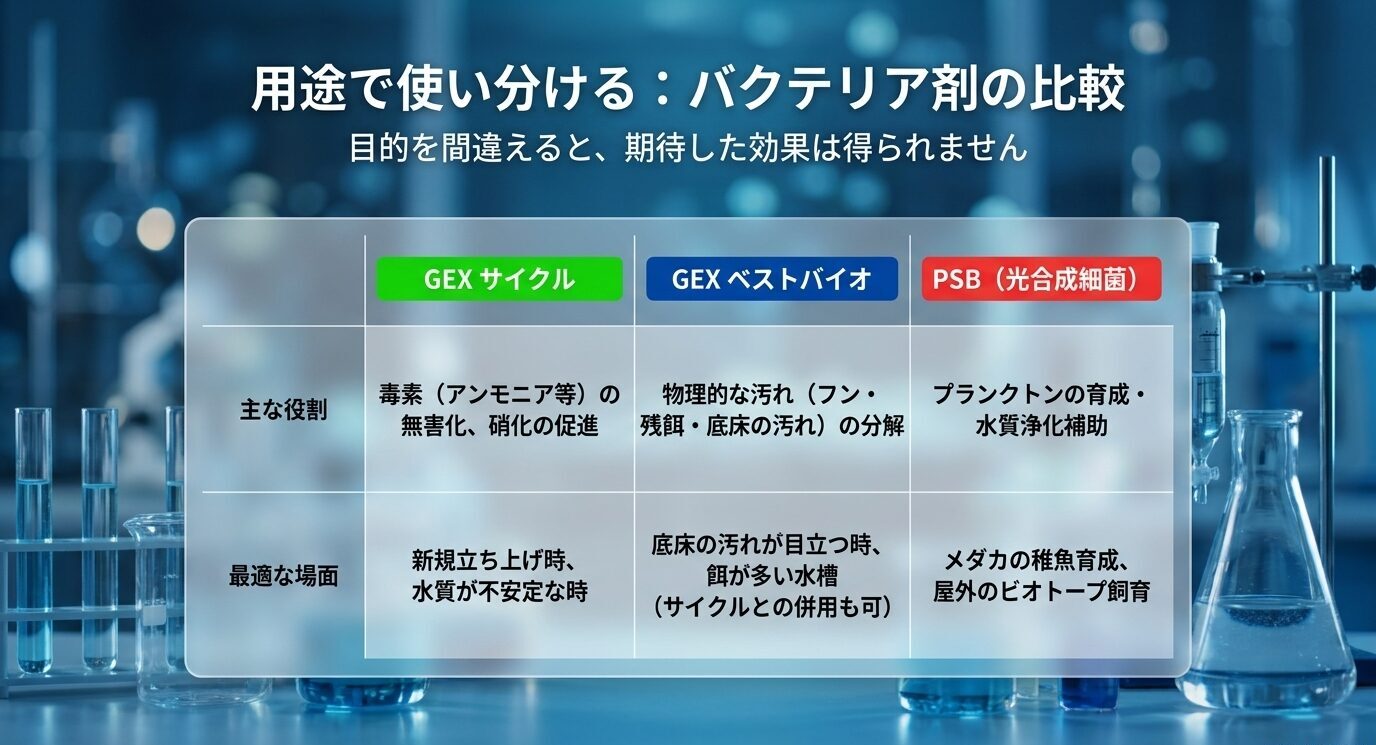 GEXサイクル、GEXベストバイオ、PSBの主な役割と最適な使用場面を比較したスライド