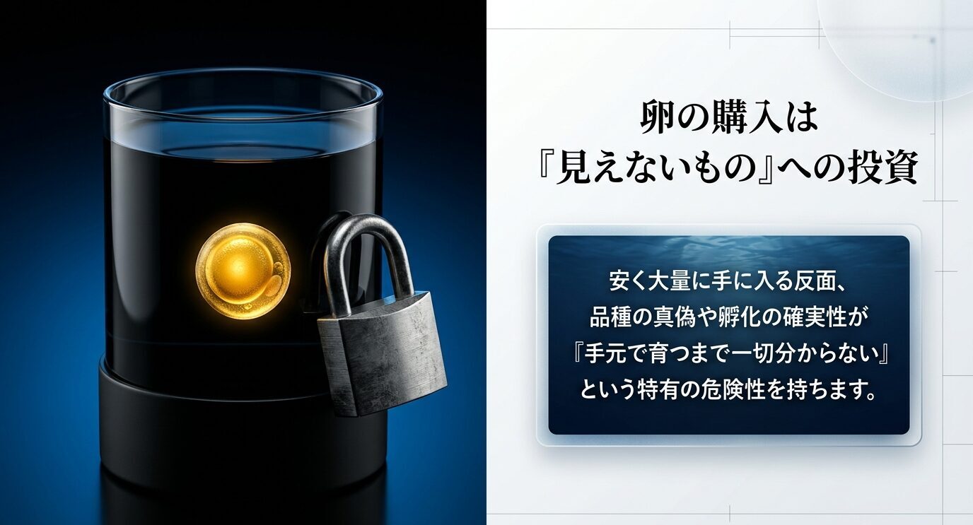 黒い容器内の卵と鍵のイメージで、卵購入は見えないものへの投資だと示すスライド