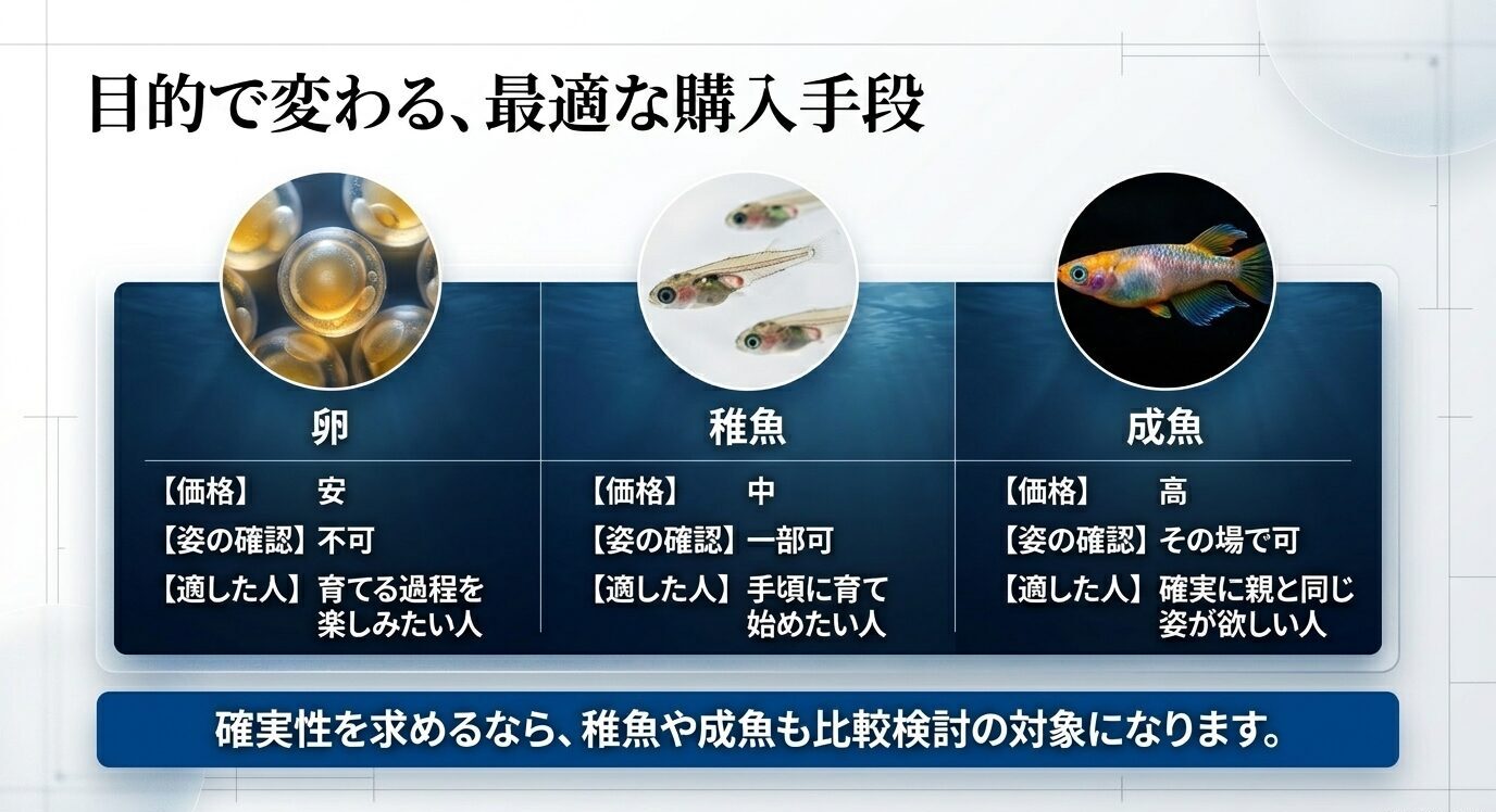 卵、稚魚、成魚の価格、姿の確認可否、向いている人を比較したスライド