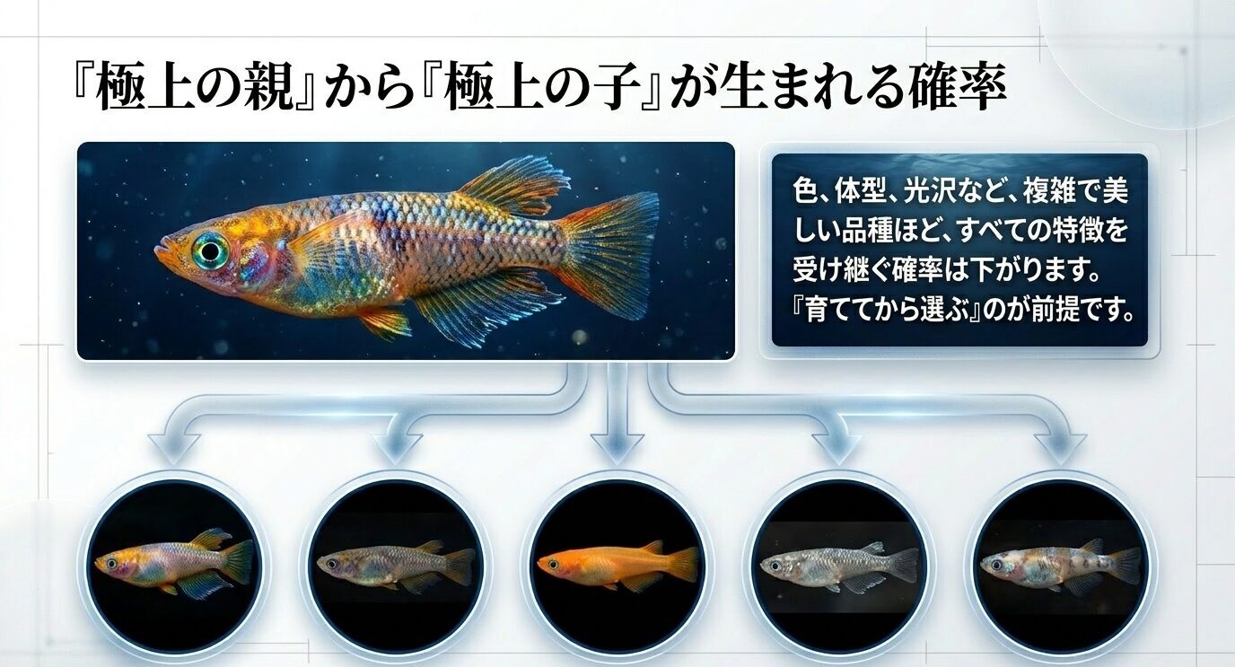 親魚から複数の異なる表現の子が生まれることを示し、複雑な品種ほど特徴を受け継ぐ確率が下がると説明するスライド