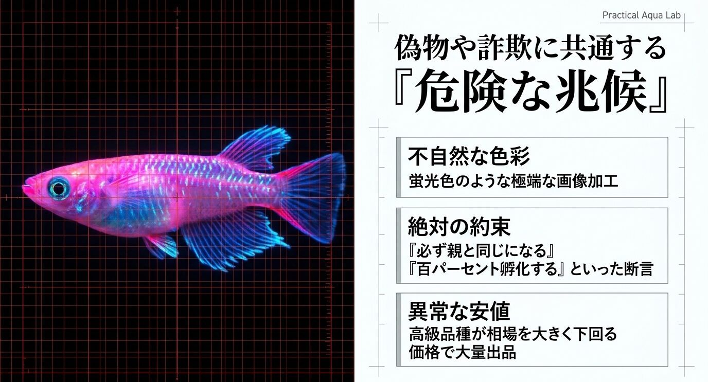 蛍光色のメダカ画像とともに、不自然な色彩、絶対の約束、異常な安値を危険な兆候として示すスライド