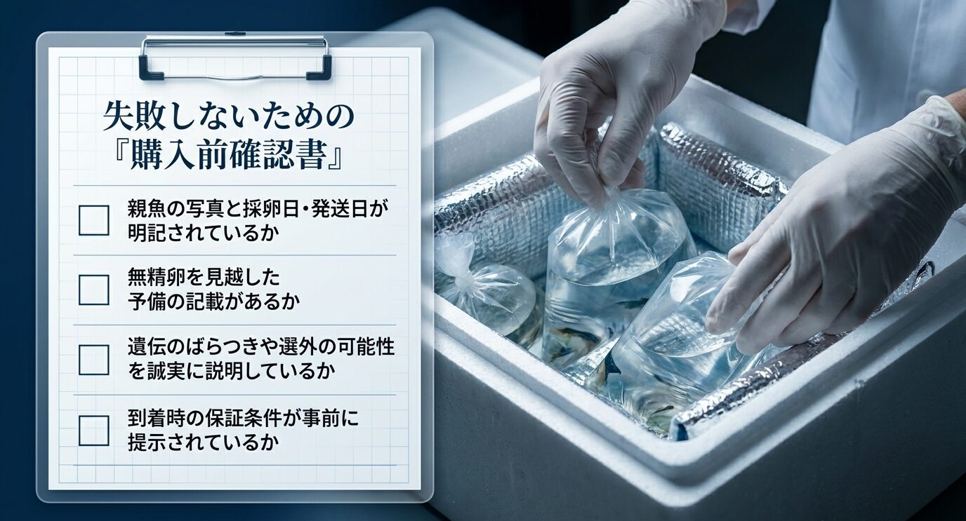 親魚写真、採卵日、予備卵、遺伝のばらつき、保証条件を購入前に確認するチェックリスト