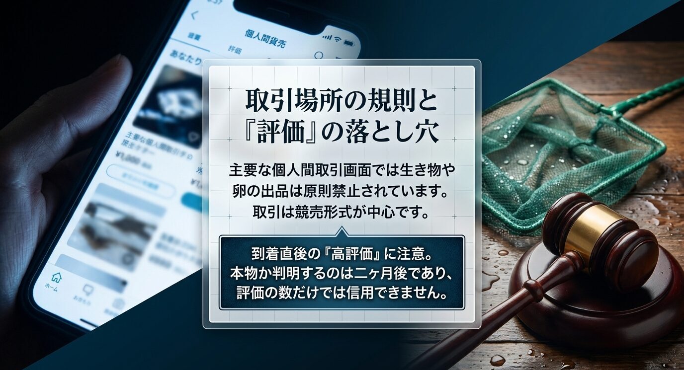 個人取引画面やオークションのイメージとともに、取引規則と評価の注意点を説明するスライド