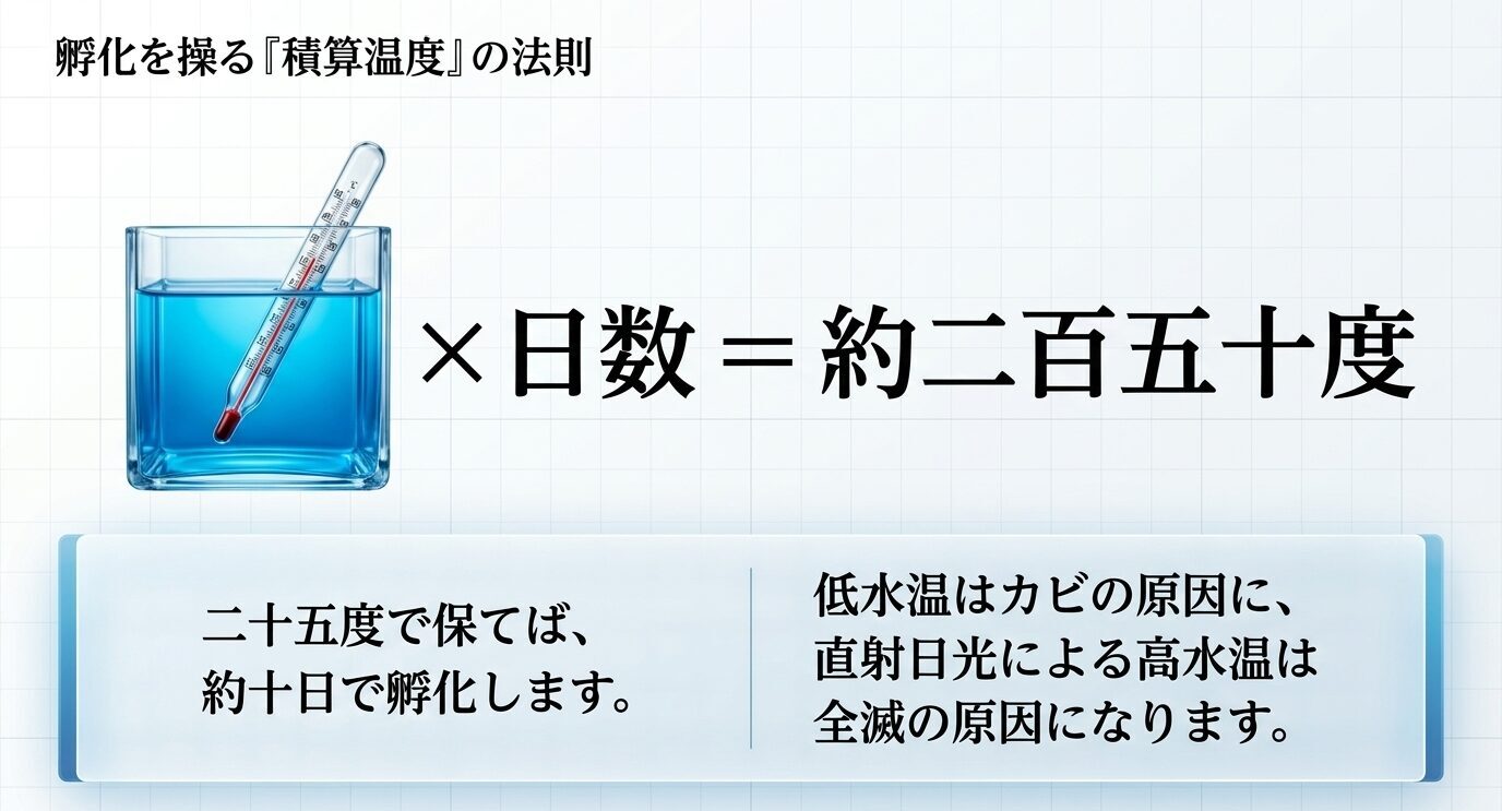 水温と日数の積算温度が約250度で孵化目安になることを示すスライド
