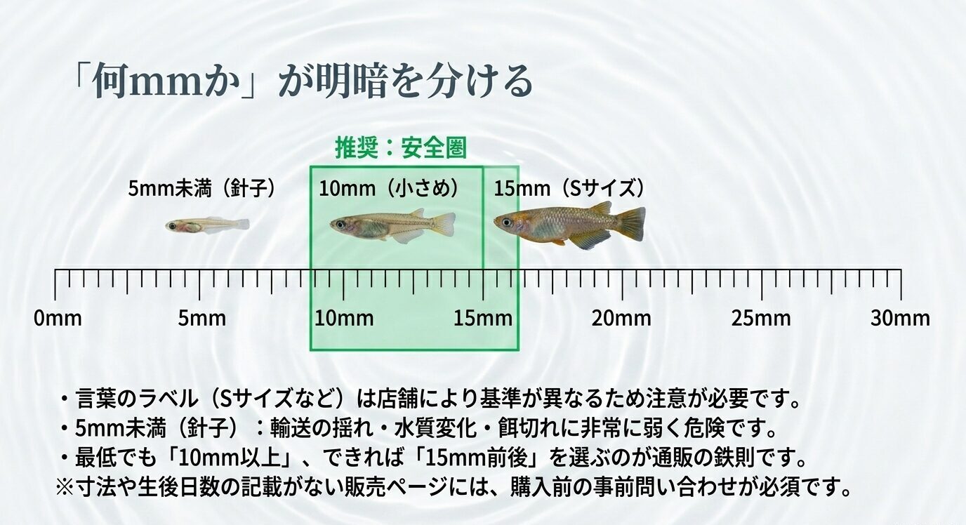 5mm未満の針子、10mmの小さめ稚魚、15mmのSサイズを定規上で比較し、安全圏を示した図