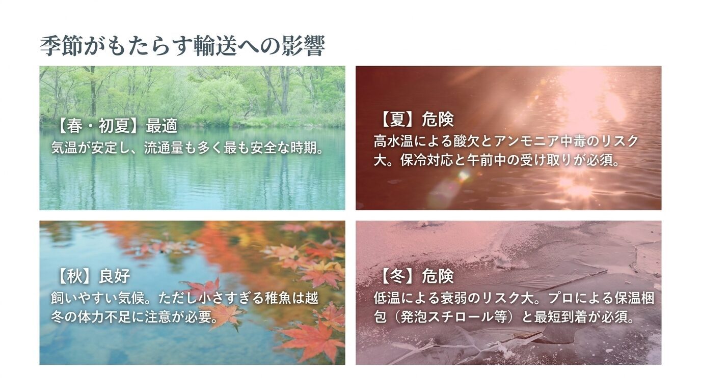 春初夏、夏、秋、冬のメダカ稚魚輸送リスクと購入時の注意点を比較したスライド