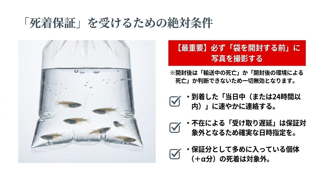 メダカ稚魚の死着保証で必要な開封前写真、到着当日連絡、受け取り遅れ注意、プラスアルファ分の扱いを示したスライド