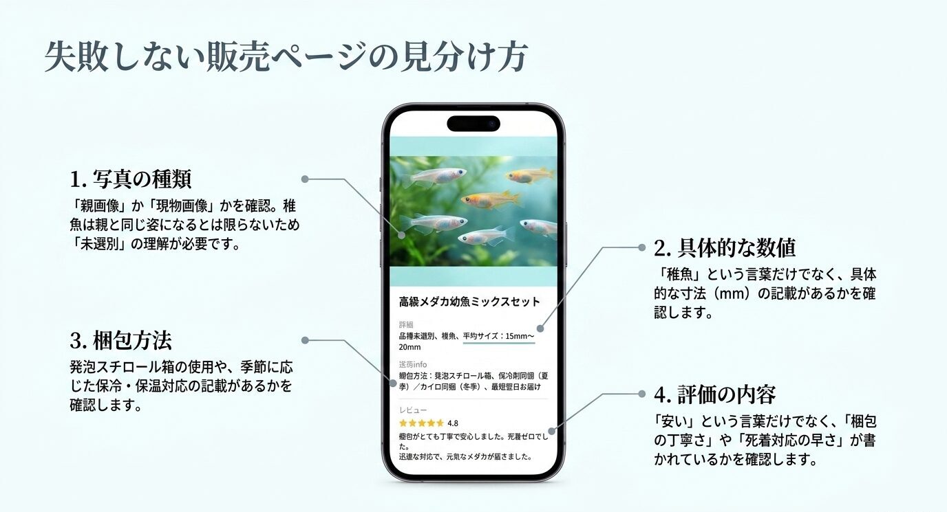 メダカ稚魚の販売ページで確認すべき写真の種類、具体的なサイズ表記、梱包方法、レビュー内容を示した図