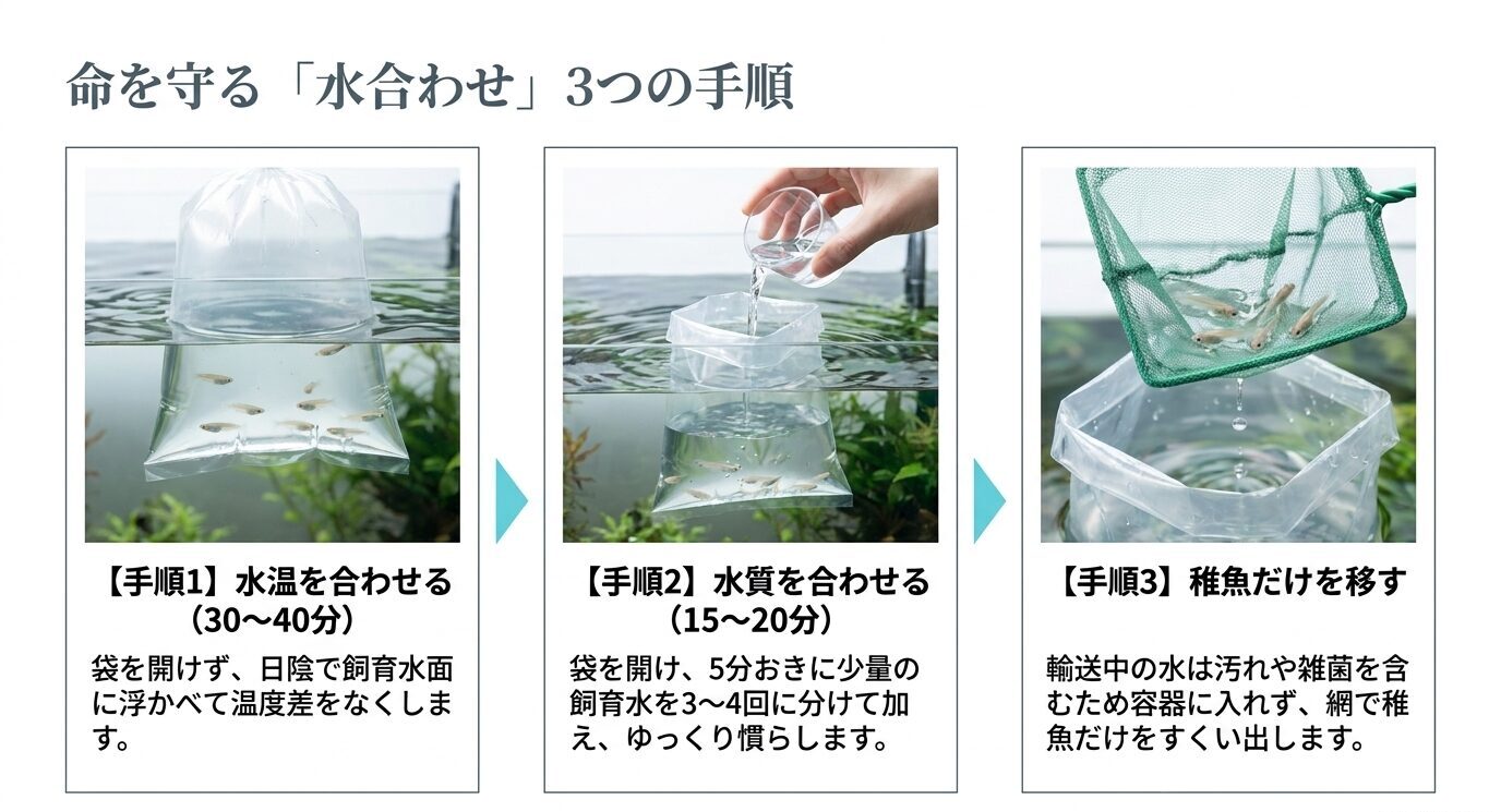 袋を浮かべて水温を合わせ、少しずつ飼育水を加え、最後に稚魚だけを移す水合わせの3手順
