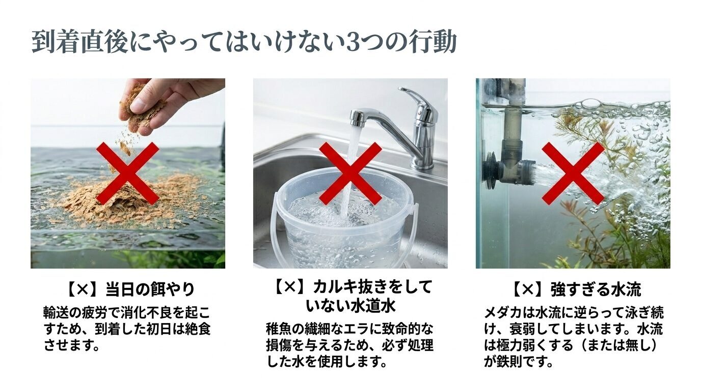 メダカ稚魚到着直後に避けるべき当日の餌やり、カルキ抜きなしの水道水、強すぎる水流を示した注意喚起スライド