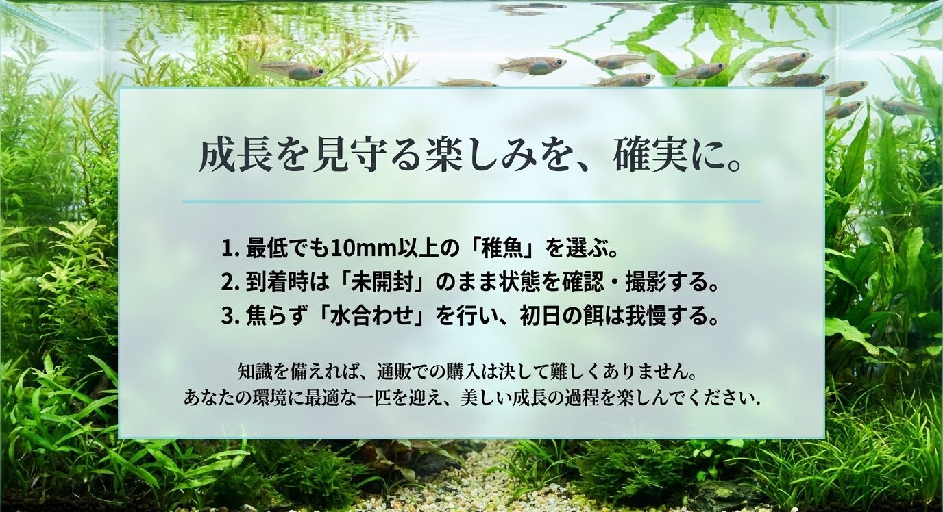 10mm以上の稚魚を選ぶこと、到着時は未開封で確認撮影すること、焦らず水合わせを行うことをまとめたスライド