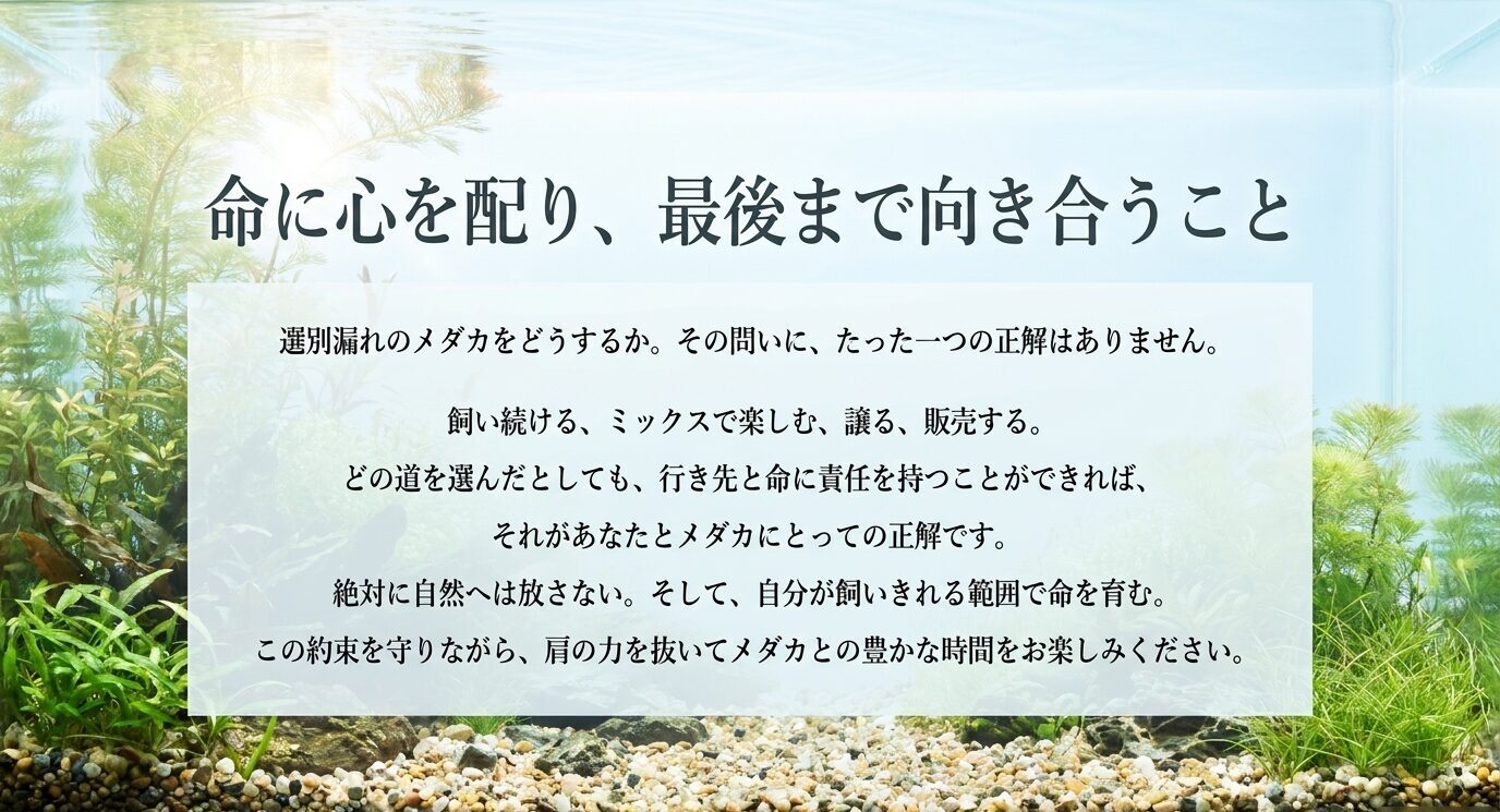 選別漏れメダカには一つの正解はなく、飼う、譲る、販売する場合でも命と行き先に責任を持つことを伝えるまとめスライド