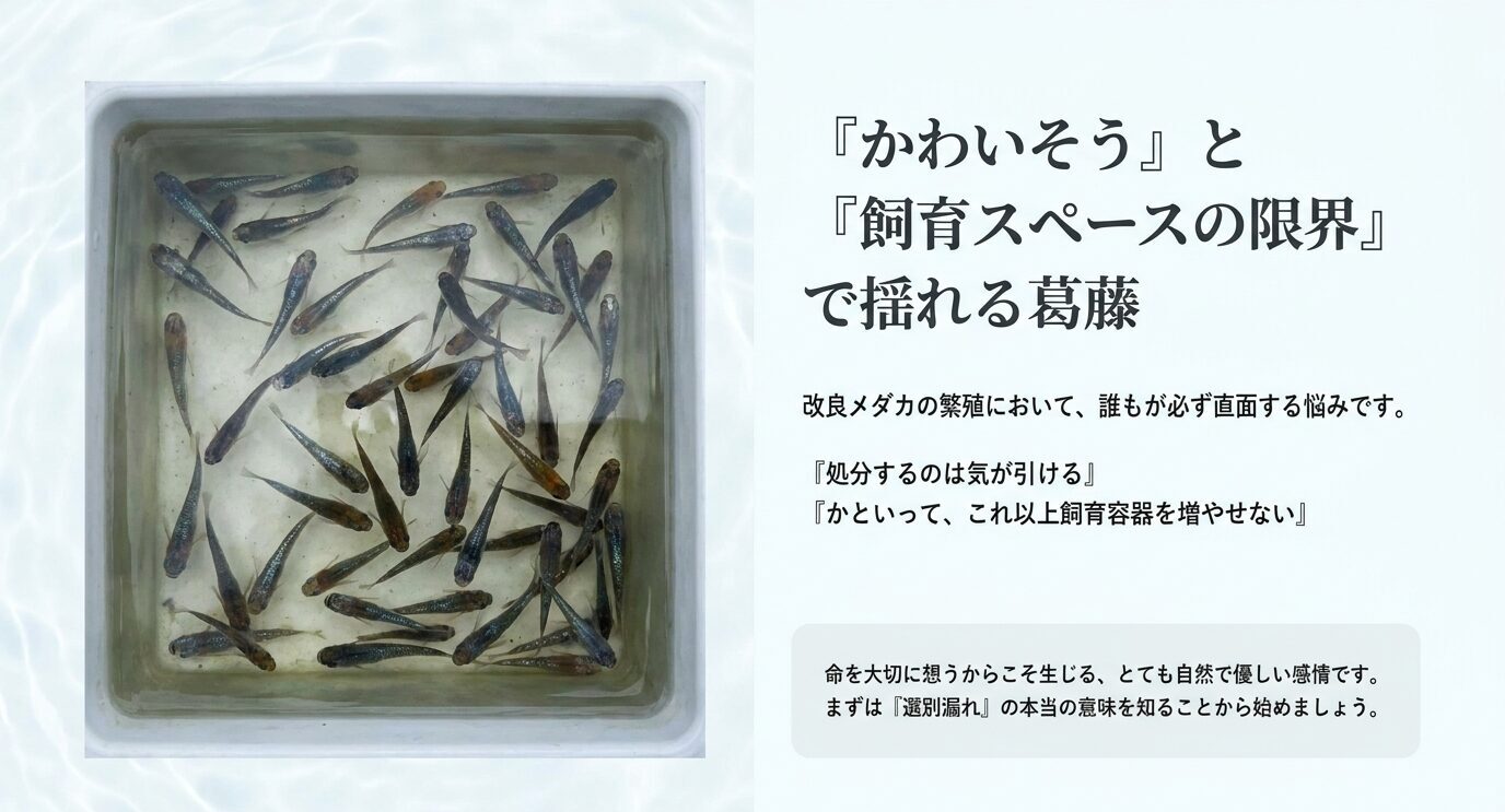 選別漏れメダカを前に、かわいそうという気持ちと飼育スペースの限界で悩む状況を示したスライド