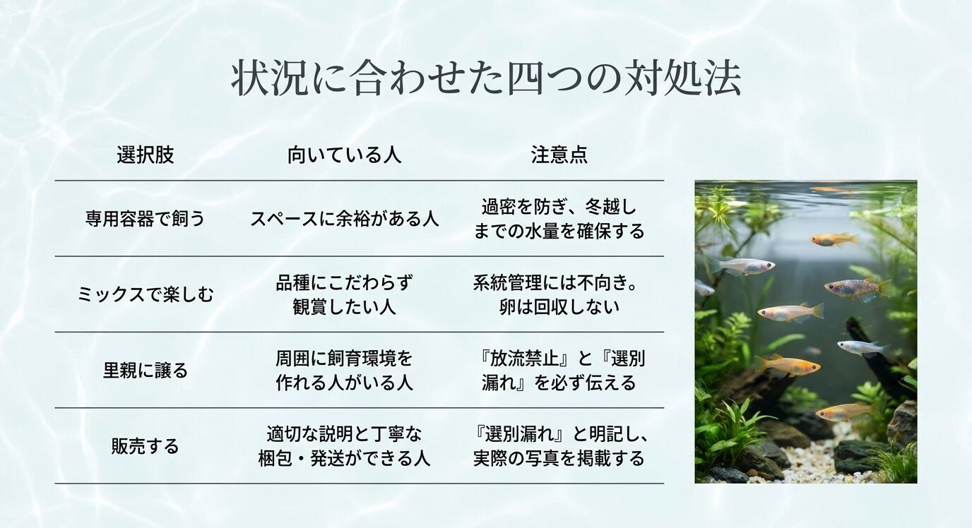 選別漏れメダカへの対処法として、専用容器で飼う、ミックスで楽しむ、里親に譲る、販売する方法を比較したスライド