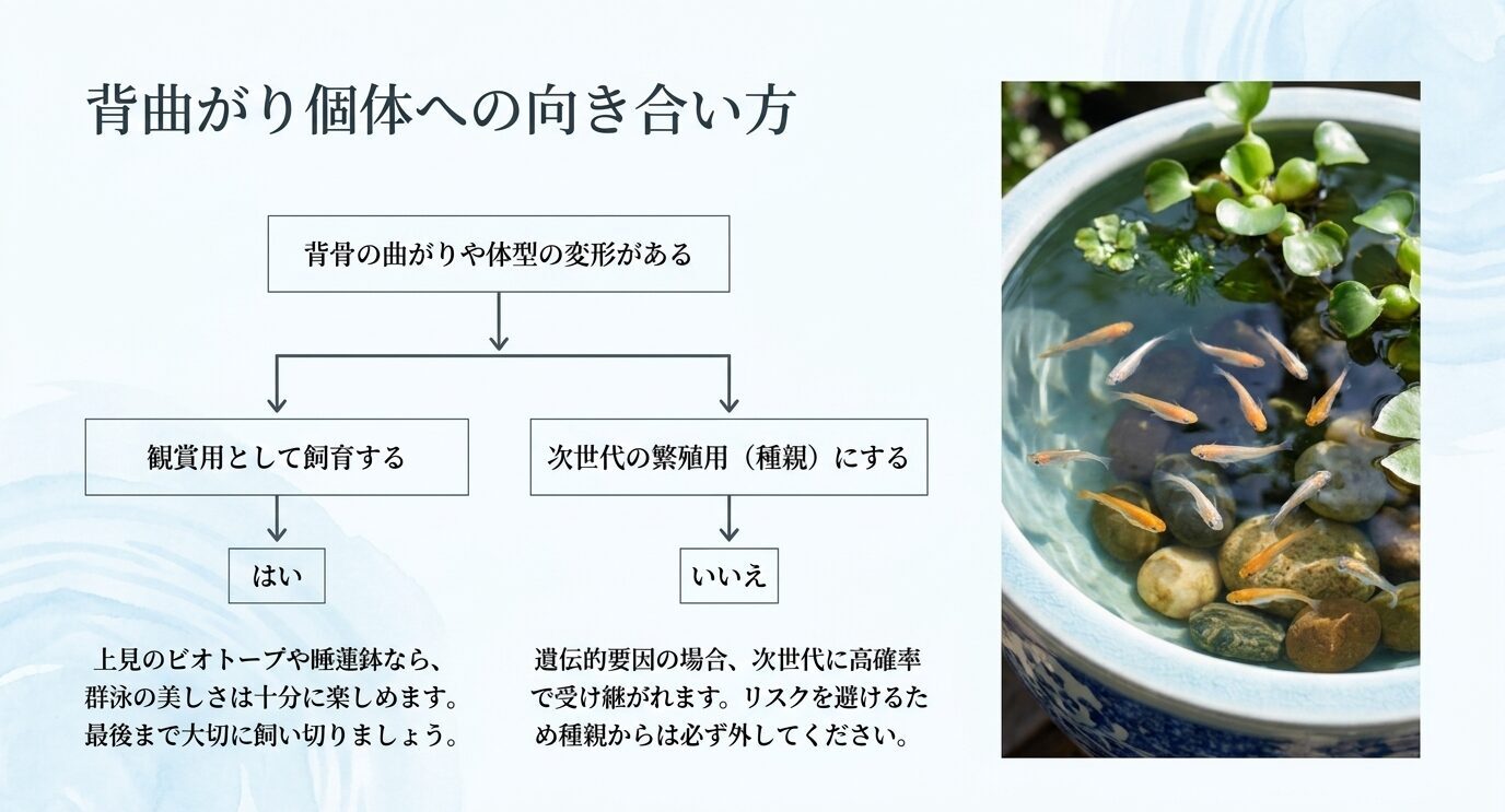 背曲がりや体型変形のあるメダカは観賞用として飼育し、次世代の繁殖用にはしない判断を示したスライド