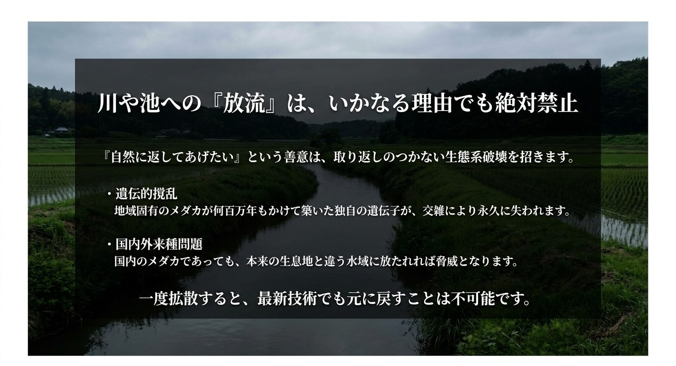 川や池へのメダカの放流は、遺伝的撹乱や国内外来種問題につながるため絶対に禁止であることを示すスライド