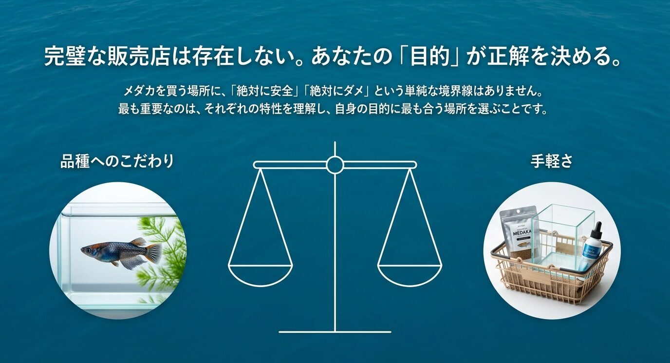 品種へのこだわりと手軽さを天秤にかけ、目的に合うメダカ販売店を選ぶ考え方を示すスライド