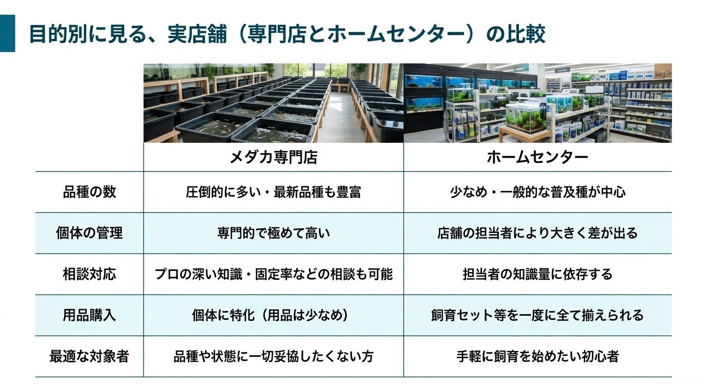 メダカ専門店とホームセンターを品種数、管理、相談対応、用品購入、向いている人で比較したスライド