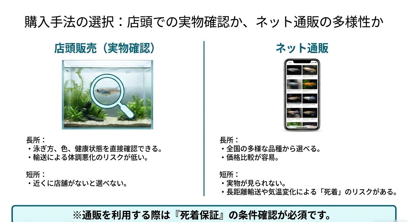 店頭販売では実物確認ができ、ネット通販では多様な品種を選べる一方で死着保証の確認が必要であることを示すスライド
