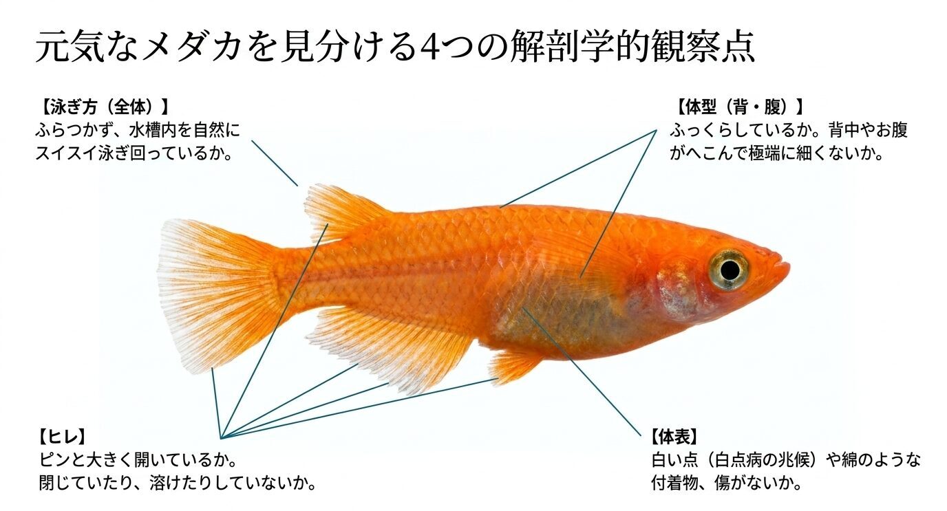 メダカの泳ぎ方、体型、ヒレ、体表を確認して健康状態を見分ける観察ポイントを示すスライド