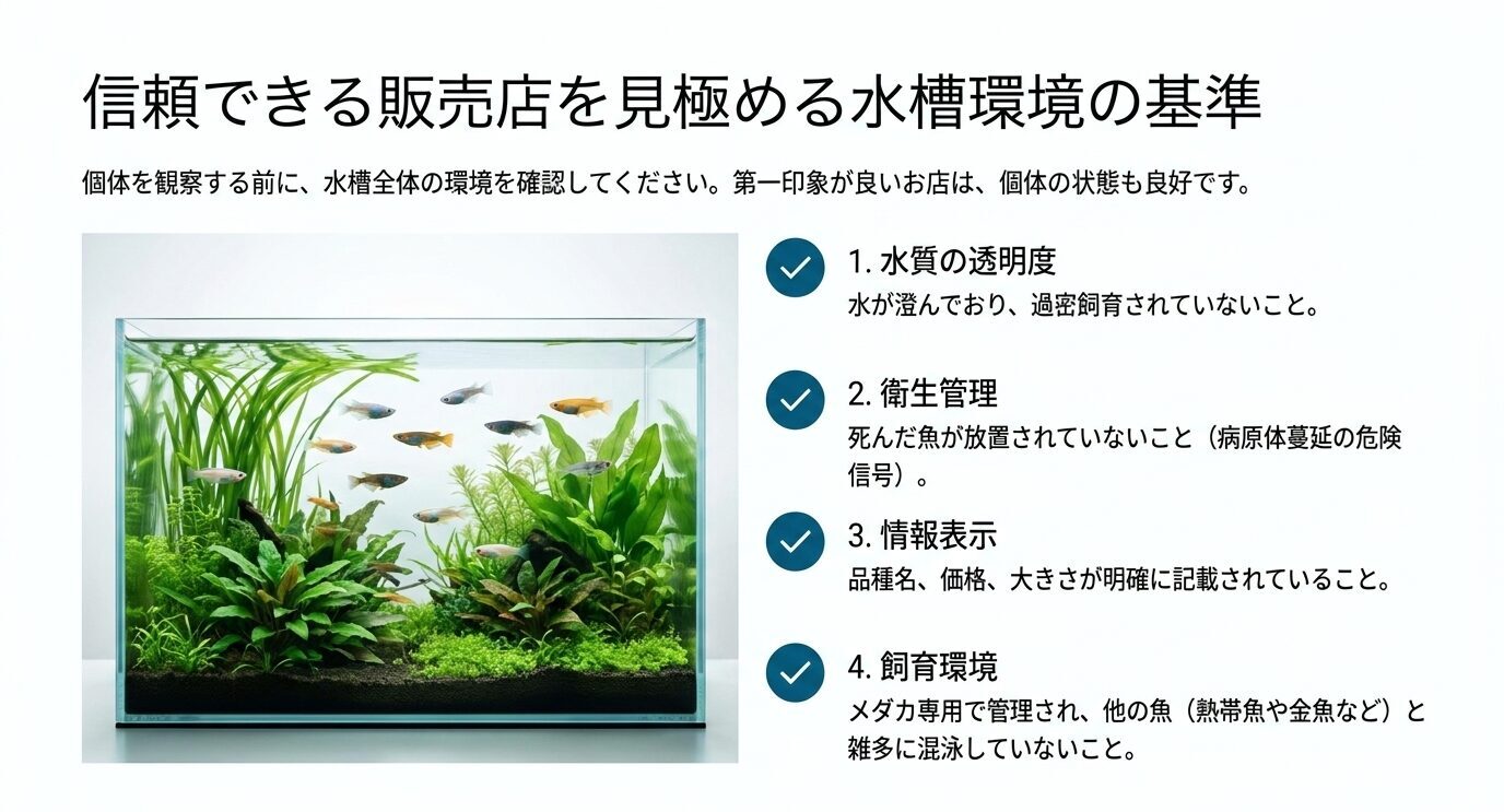 水の透明度、死魚管理、情報表示、メダカ専用の飼育環境から信頼できる販売店を見極める基準を示すスライド
