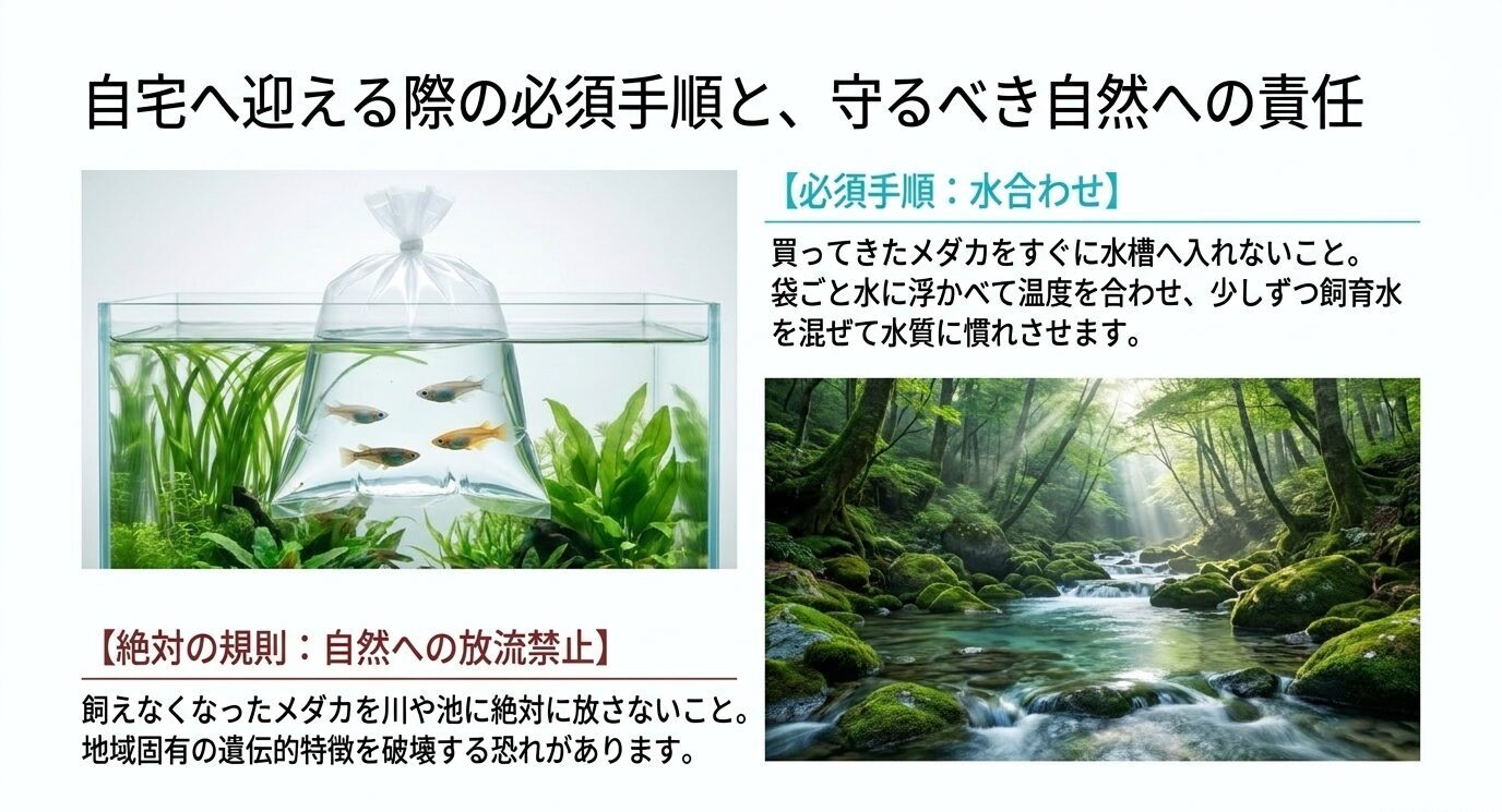 購入したメダカをすぐ水槽に入れず水合わせを行うことと、飼えなくなったメダカを自然へ放流してはいけないことを示すスライド