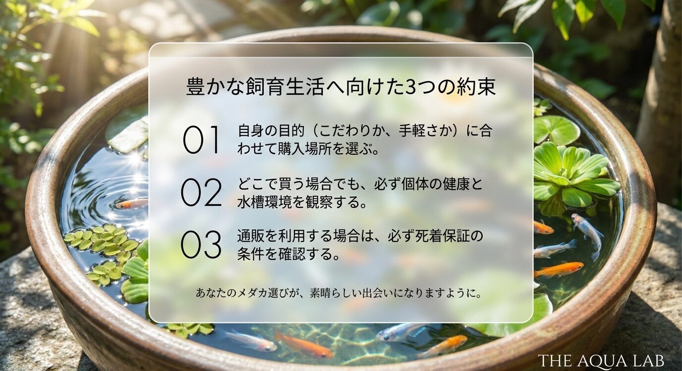 目的に合う購入場所を選び、個体と水槽環境を観察し、通販では死着保証を確認するという3つの約束を示すスライド
