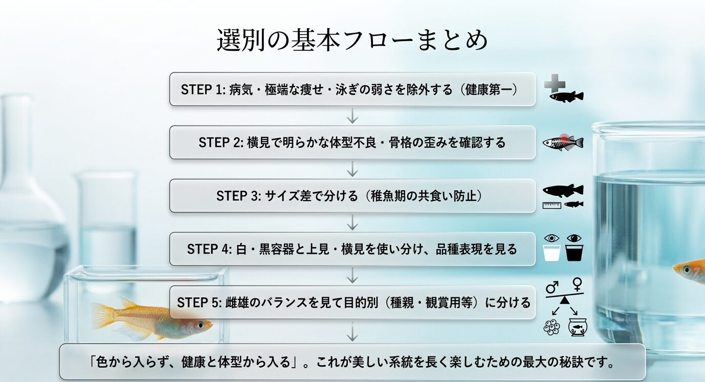 健康確認、横見での体型確認、サイズ分け、容器と上見・横見の使い分け、雌雄バランス確認までの選別手順をまとめた図