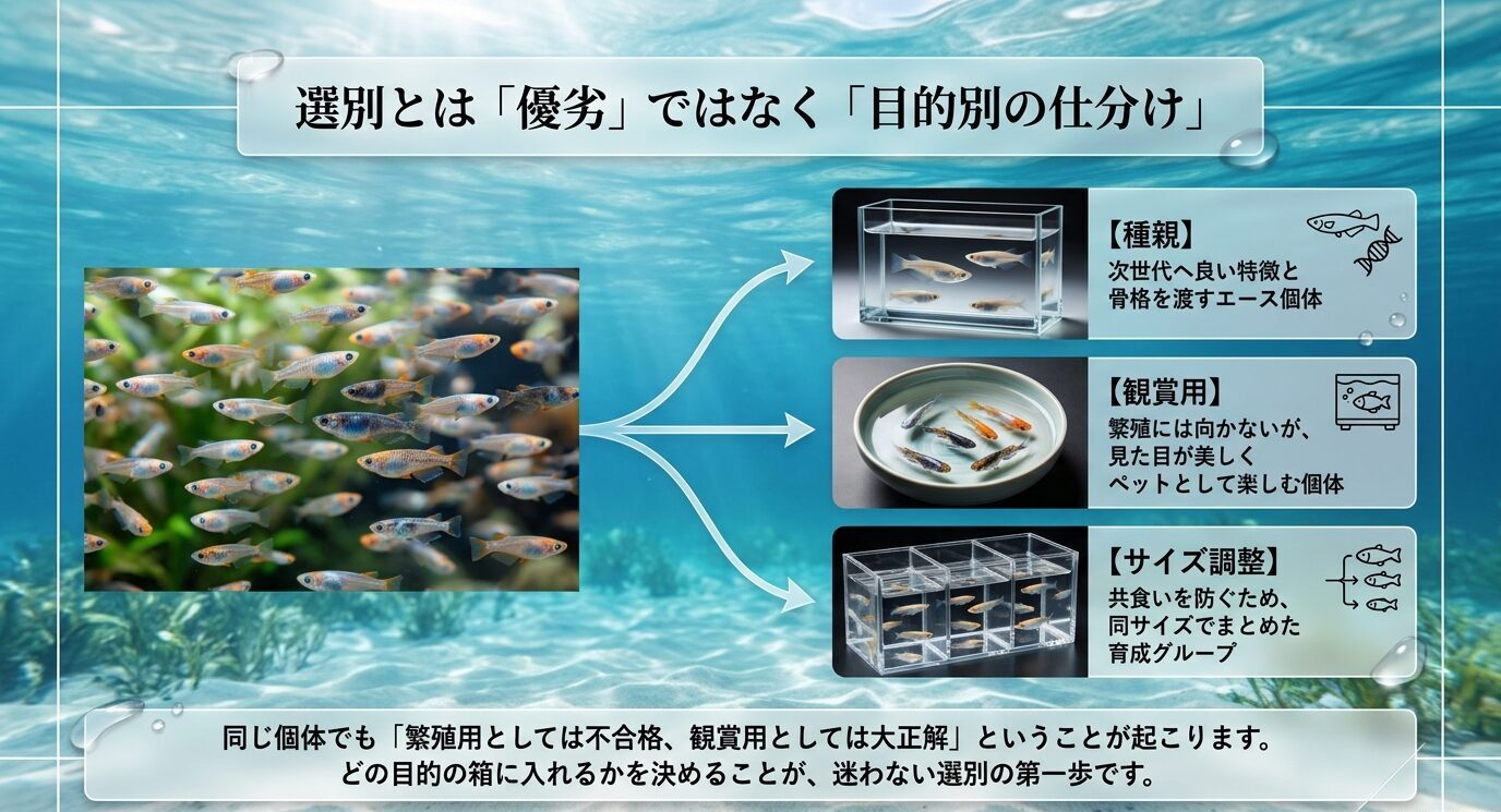 メダカの選別を種親、観賞用、サイズ調整の目的別に仕分ける考え方を示した図