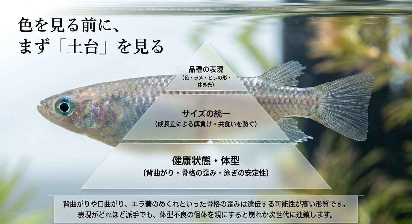 メダカ選別では健康状態と体型を最優先し、その上でサイズや品種表現を見る流れを示したピラミッド図