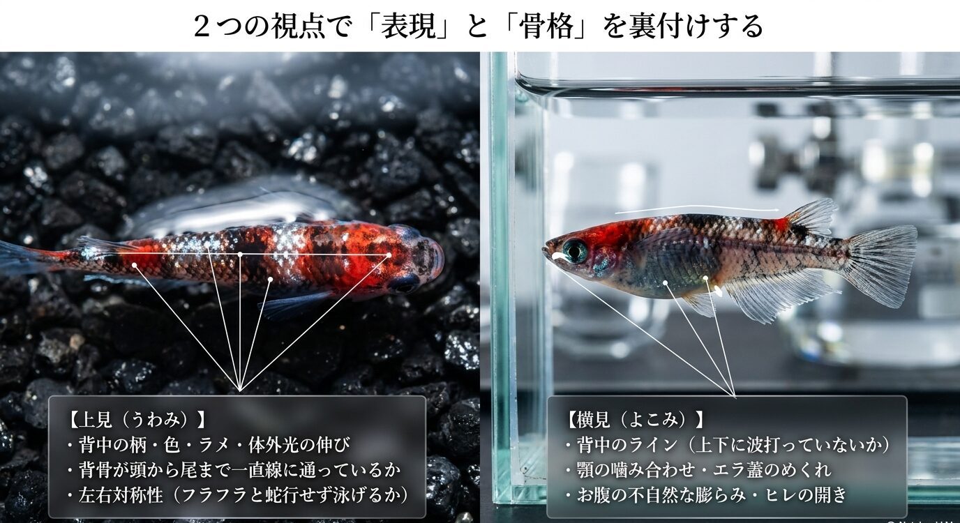 メダカを上から見る上見と横から見る横見で確認する柄、ラメ、体外光、骨格、顎、エラ蓋の違いを示した比較図