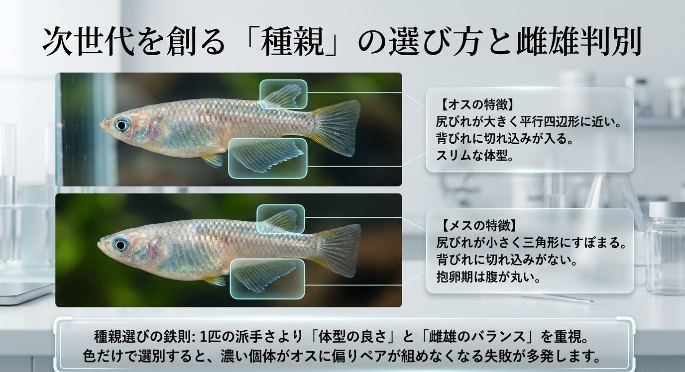メダカのオスとメスのヒレや体型の違い、種親選びで体型と雌雄バランスを重視する考え方を示した図