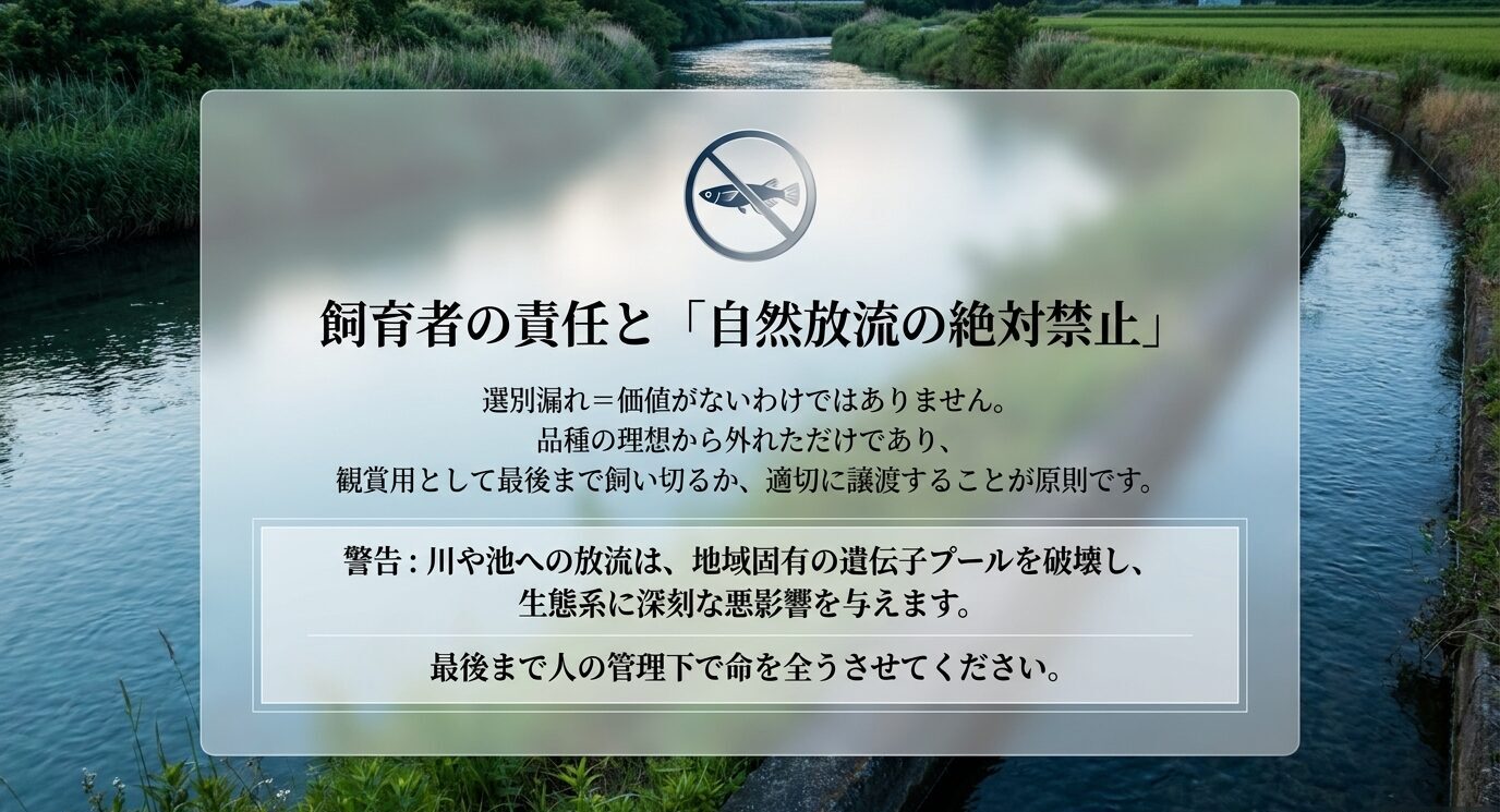 選別漏れのメダカを自然界へ放流してはいけない理由と、最後まで人の管理下で飼う責任を示した警告スライド