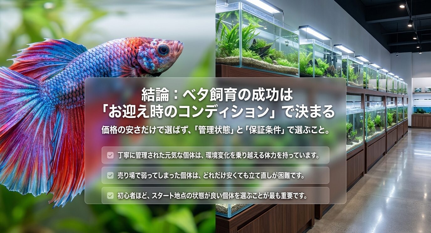 ベタ飼育の成功はお迎え時のコンディションで決まり、価格より管理状態と保証条件が重要であることを示すスライド