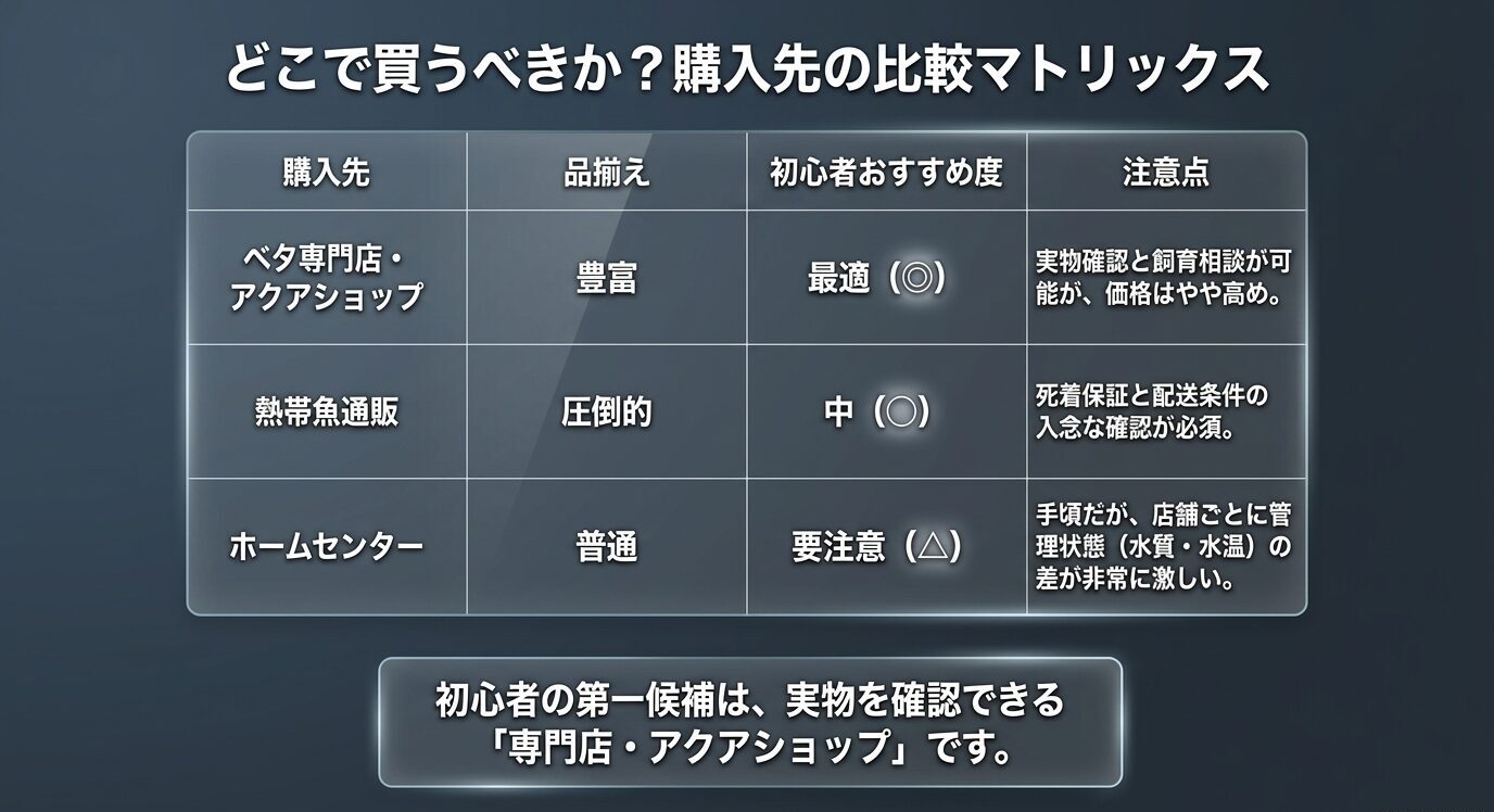 ベタ専門店、熱帯魚通販、ホームセンターの品揃えや初心者向け度、注意点を比較した表
