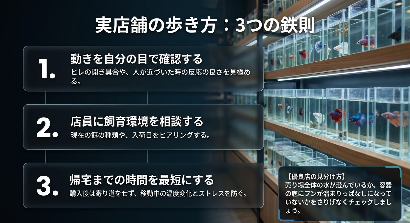 実店舗でベタを選ぶ際に、動きの確認、店員への相談、帰宅までの時間短縮を意識することを示すスライド