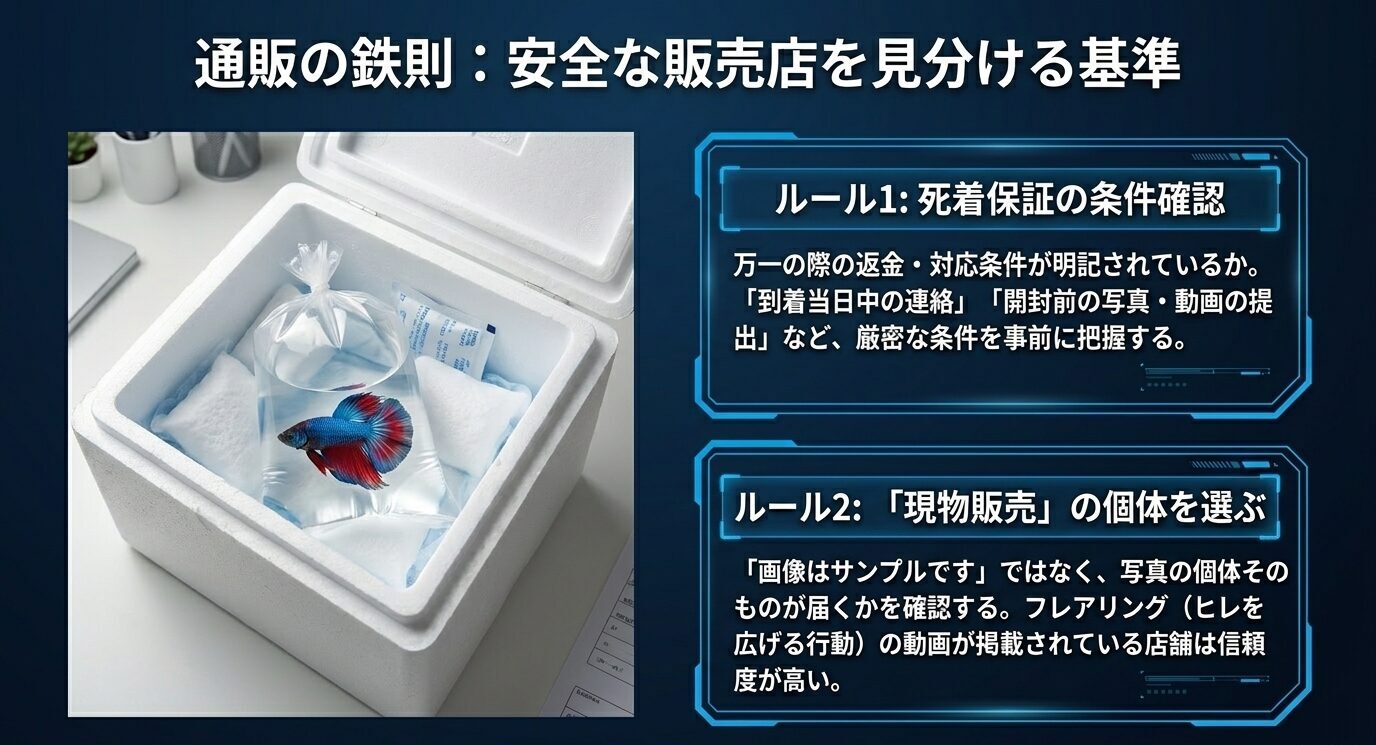 ベタ通販で確認すべき死着保証の条件と、写真の個体が届く現物販売の重要性をまとめたスライド
