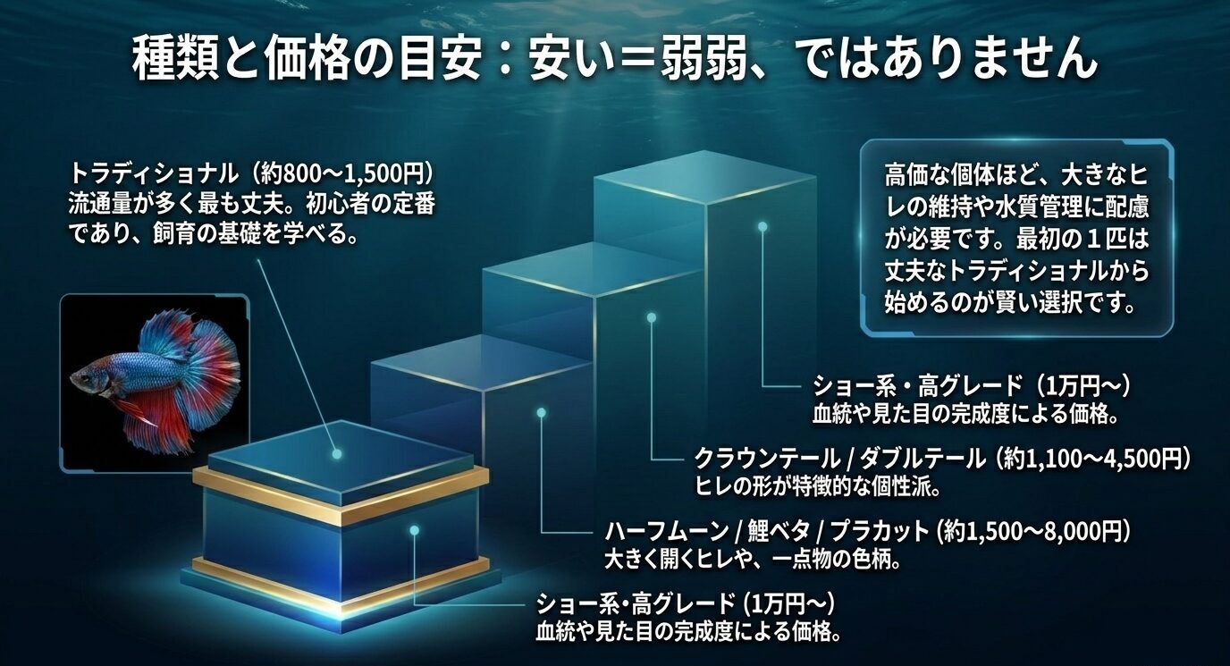 トラディショナル、ハーフムーン、鯉ベタ、ショー系などの価格目安と、価格差の理由を示すスライド