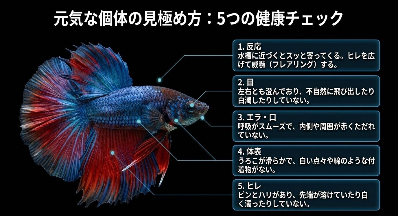 ベタの反応、目、エラと口、体表、ヒレを確認して健康状態を見極めるためのチェック項目を示すスライド