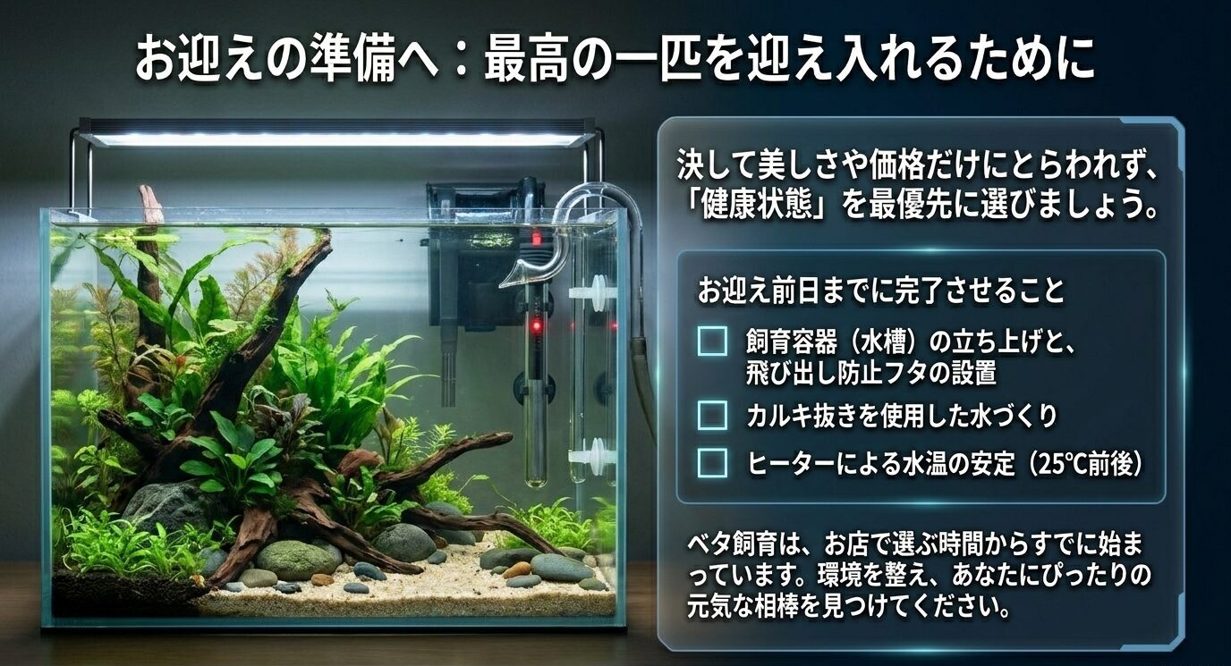 ベタを迎える前に、水槽の立ち上げ、カルキ抜き、水温の安定、飛び出し防止フタの準備を確認するスライド