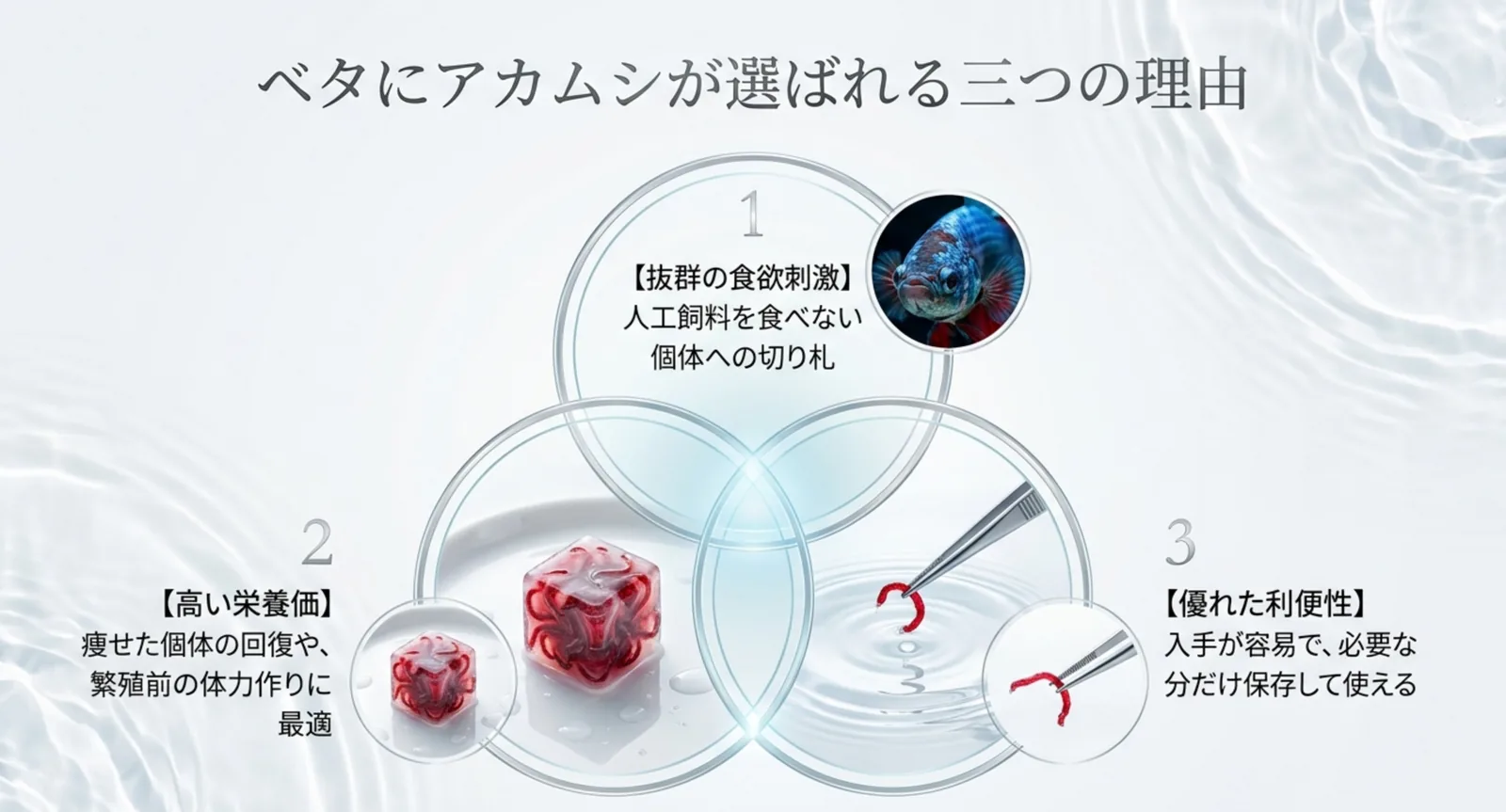 アカムシを与えるメリット（食欲刺激・栄養価・利便性）をまとめた図