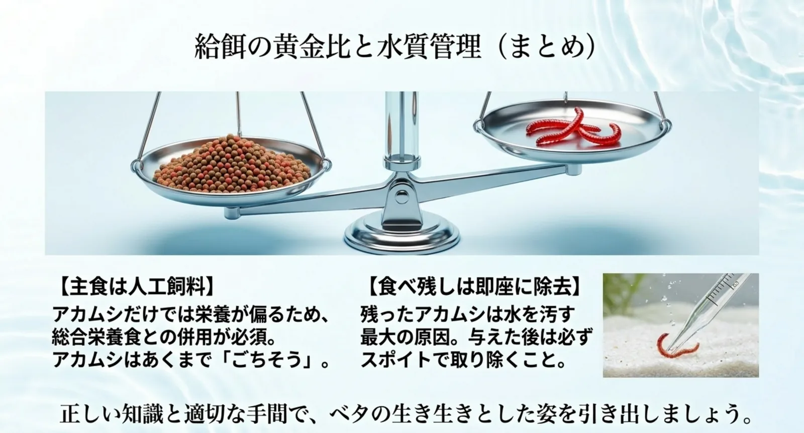 人工飼料を主食にアカムシは補助、食べ残しは除去というまとめを示した図