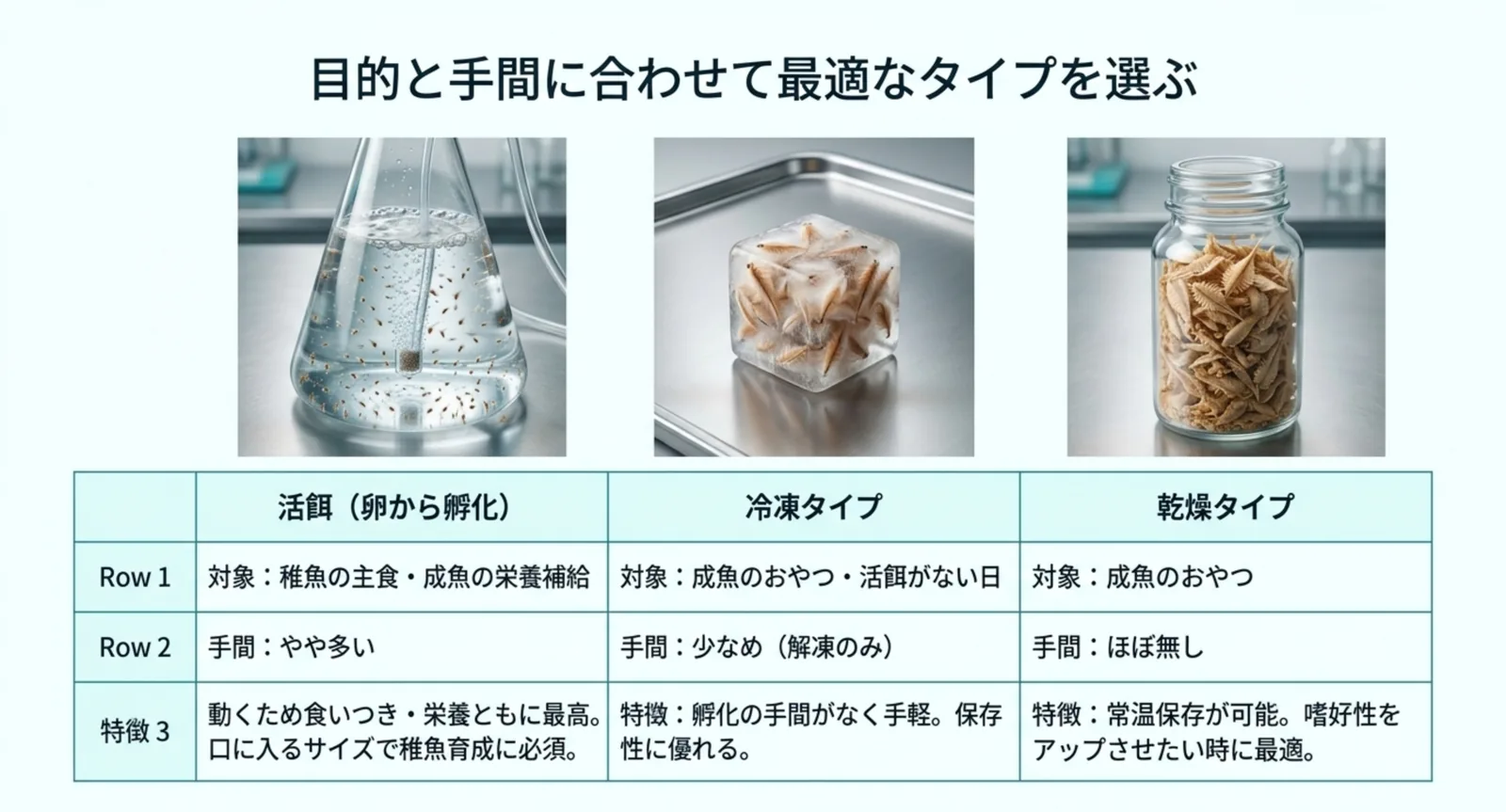 ブラインシュリンプの活・冷凍・乾燥の3タイプを比較した図